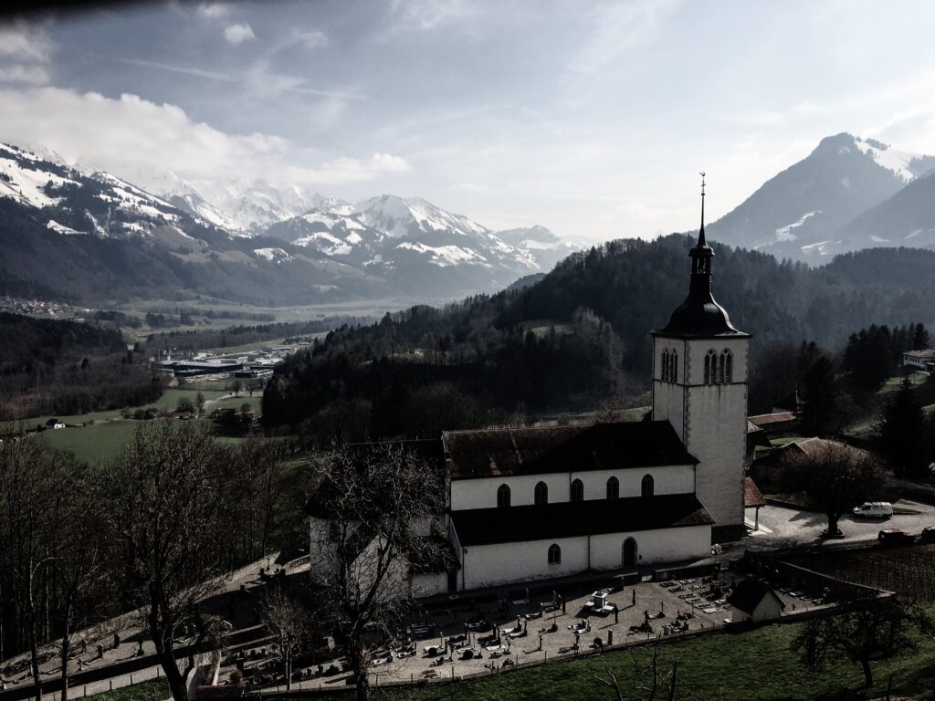 View over the Swiss Alps from the Gruyères Castle